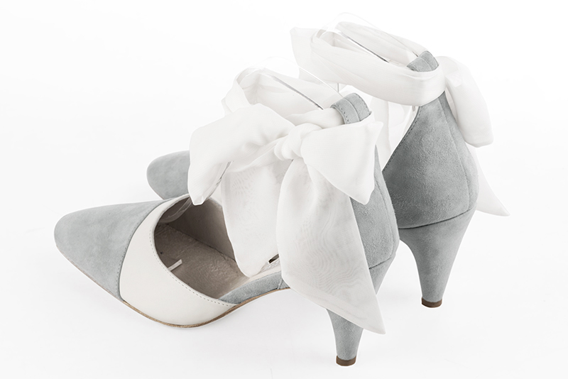 Pearl grey and pure white women's open side shoes, with a scarf around the ankle. Round toe. High slim heel. Rear view - Florence KOOIJMAN